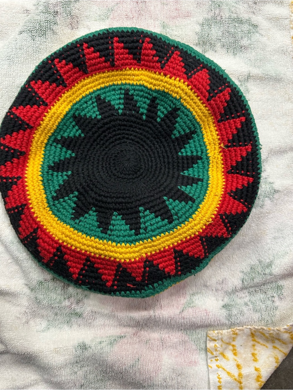 Handmade Crocheted Round  Rasta Beret Hat in Black, Green, Red & Yellow